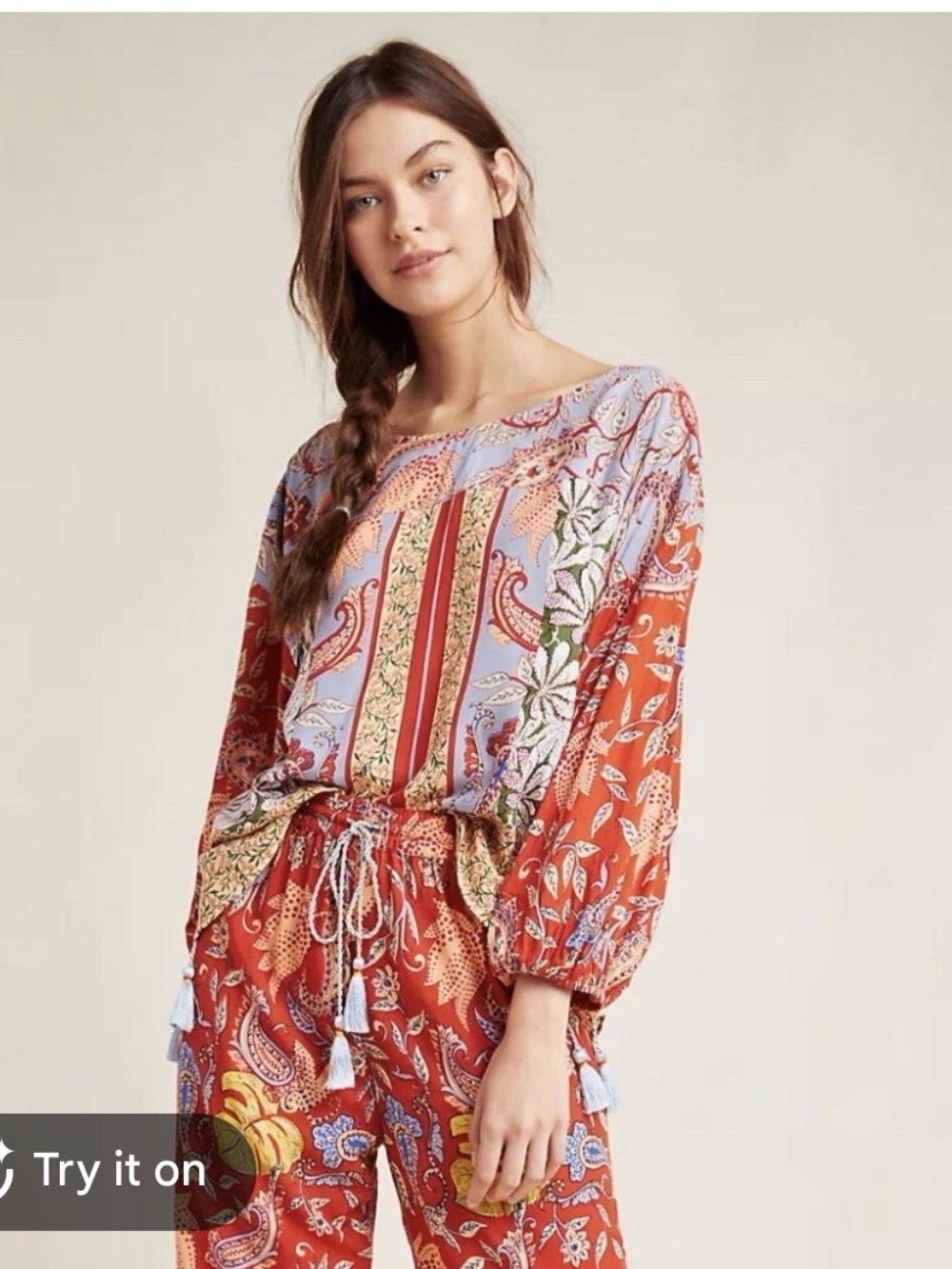Anthropologie Rust and Lavender Paisley Peasant Top